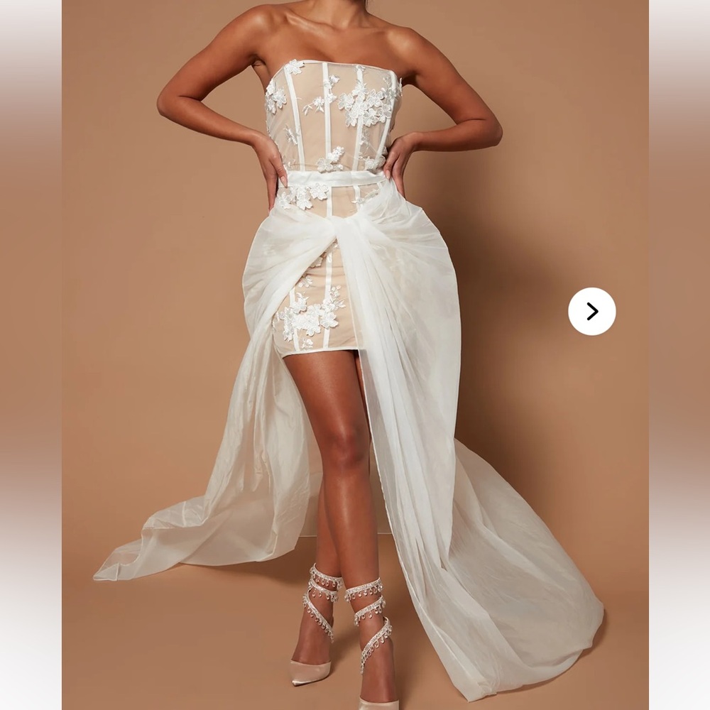 Sheer White Lace Floral Dress with Sheer Overlay Skirt
